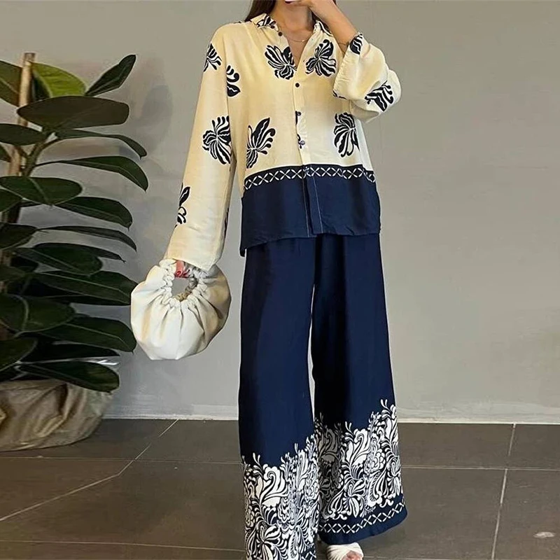 

Elegant Loose Straight Pants Outfits 2024 New Fashion Printed Patchwork Women Suit Casual Commuting Long Sleeved Shirt 2pc Set