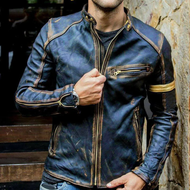 New Autumn Motorcycle Leather Jacket Men Street Fashion Bomber Jackets Casual Stand Collar Coat Mens Retro Pu Biker Outwear 5Xl