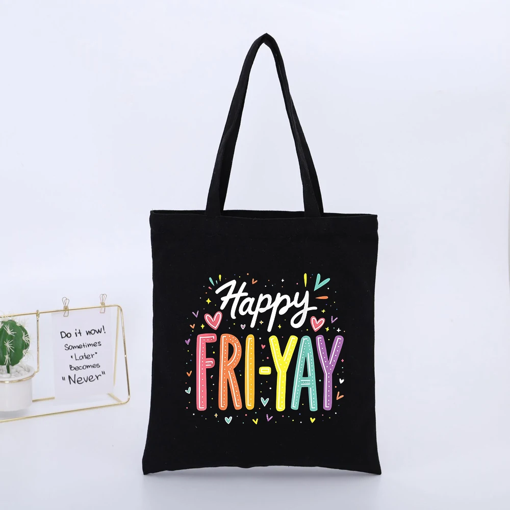 Happy Fri-Yay Typography Print Black Canvas Tote Bag, Casual Style for Weekend Shopping and Daily Use