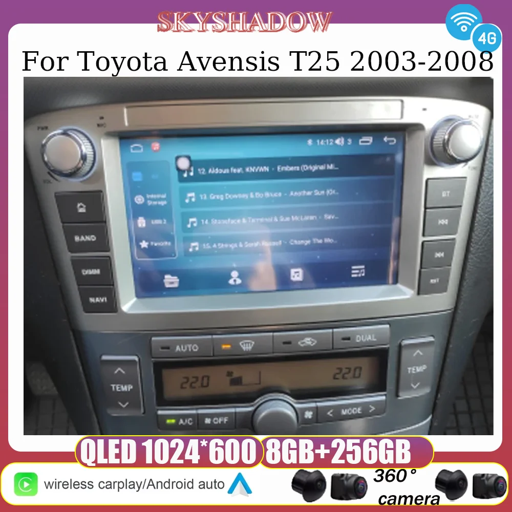 Android 13  For Toyota Avensis T25 2003-2008 Multimedia Navigation Carplay  Car DVD Player GPS Map WIFI Bluetooth RDS Radio