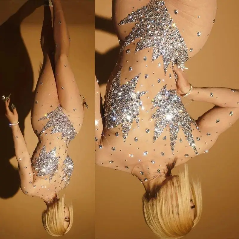 Rhinestones Jumpsuit Women Halloween Nightclub Dj Ds Party Outfit Pole Dance Gogo Wear Drag Queen Costume