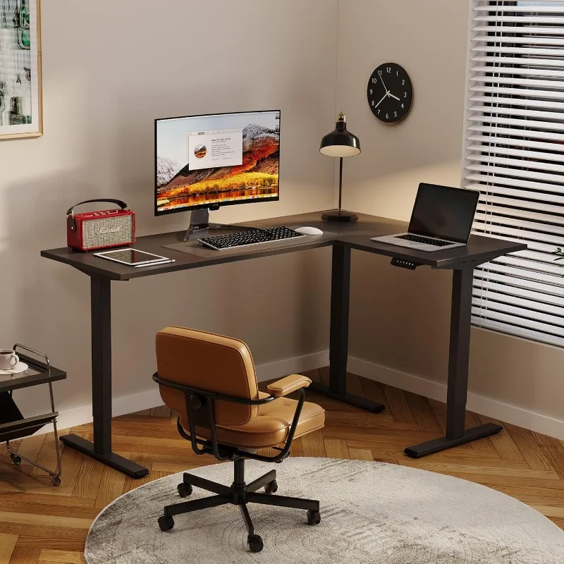 Electric Height Adjustable 71 x 48 inch Corner Stand Up Desk, Black Table Top, Black Frame, L-Shaped Standing Workstation