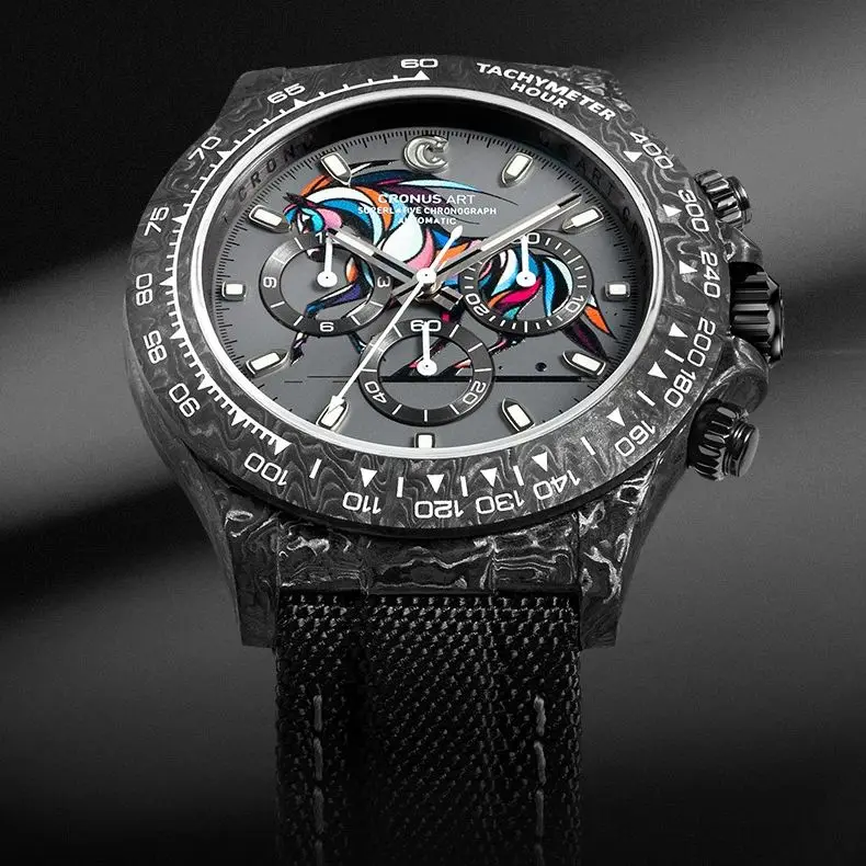 

Мужские автоматические часы CRONUSART Limited, 40 мм, хронограф, механические наручные часы, корпус из углеродного волокна, светящийся циферблат с изображением лошади