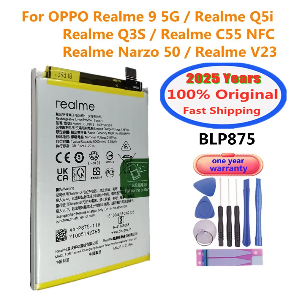 2025 Years 100% Original Battery BLP875 For OPPO Realme 9 5G / Q5i / Q3S / C55 NFC / Narzo 50 / V23 Phone Batteries 5000mAh