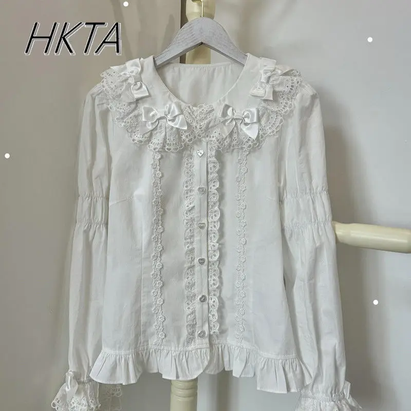 Lolita Versatile Bow Doll Collar Blusas Girls Long Lotus Root Sleeve Shirt Women Spring Sweet Cute Lace Pink Top Blouse Girls