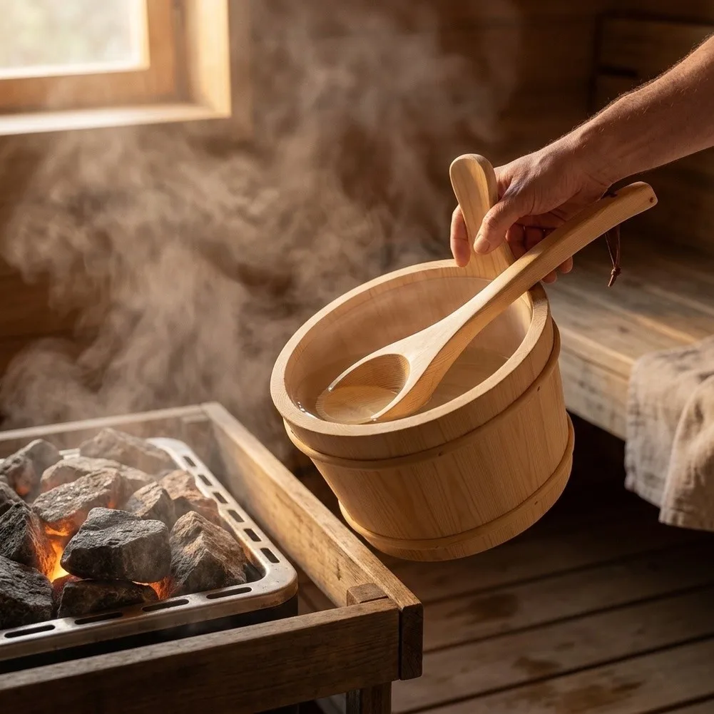 Solid Pine Sauna Bucket with Ladle 1 Gallon Size Removable Liner Rattan Reinforced Handle for Humid Environments