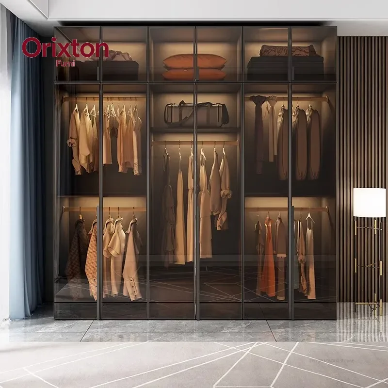 Aesthetic Glass Doors Wardrobes Black Vertical Retractable Storage Home Wardrobes Clothes Sliding Armario