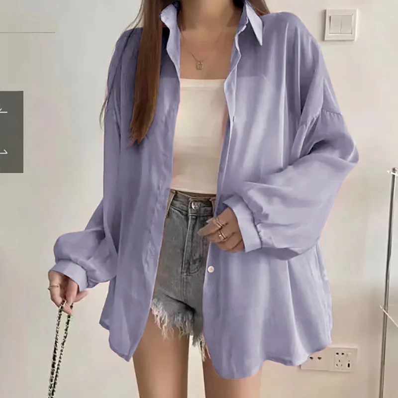Women Casual Loose Chiffon Shirts Thin Long Sleeved Shirt Lady Sunscreen Female Transparent Blouses 2024 Summer Beach Clothing