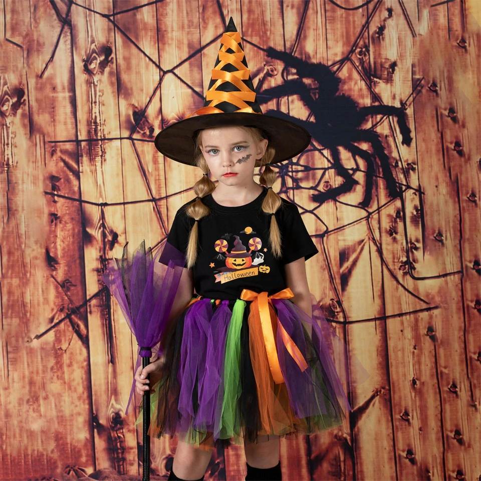 2023 Halloween Witch Costume Children\'s Rainbow Tutu Skirt + Hat Vampire Ghost Stage Performance Masquerade Party Clothing Set