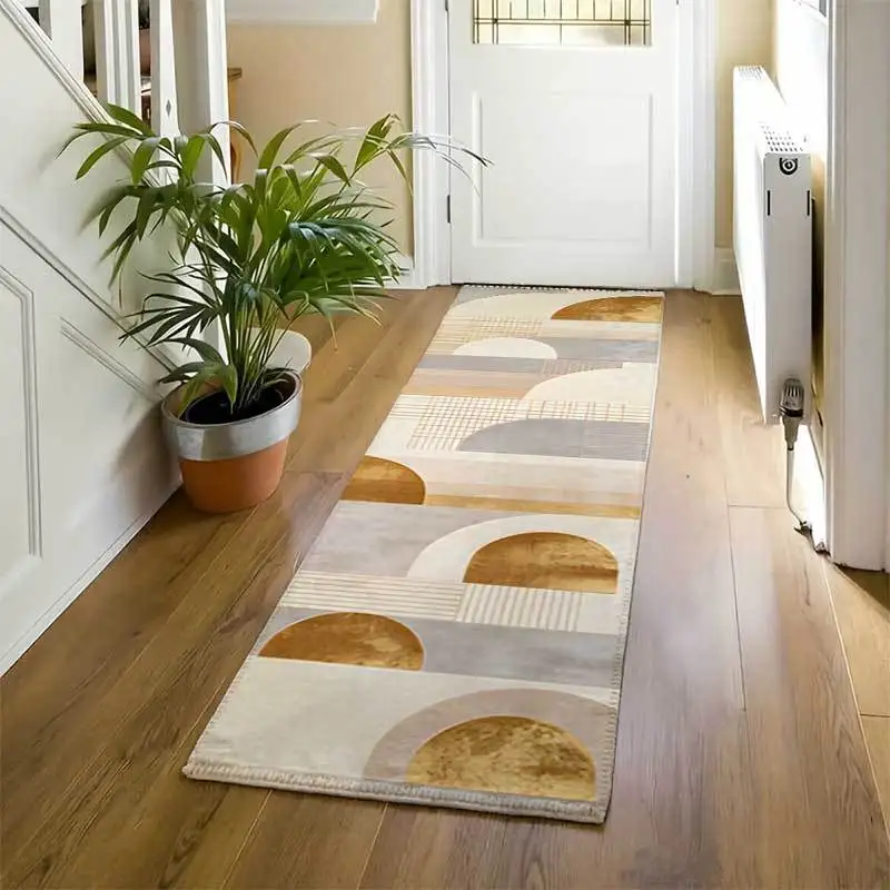Neutral Tone Semicircle Striped Floor Runner Mat Minimalist Abstract Geometric Art Decor Rug for Indoor Home Corridor