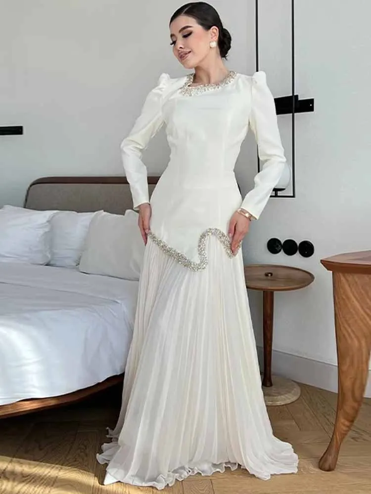 MCDV Luxus Diamanten Abend Party Kleid Frau Chic Langarm Unregelmäßige Gespleißt Plissee Maxi Kleid Elegante Prom Club Robe 2025