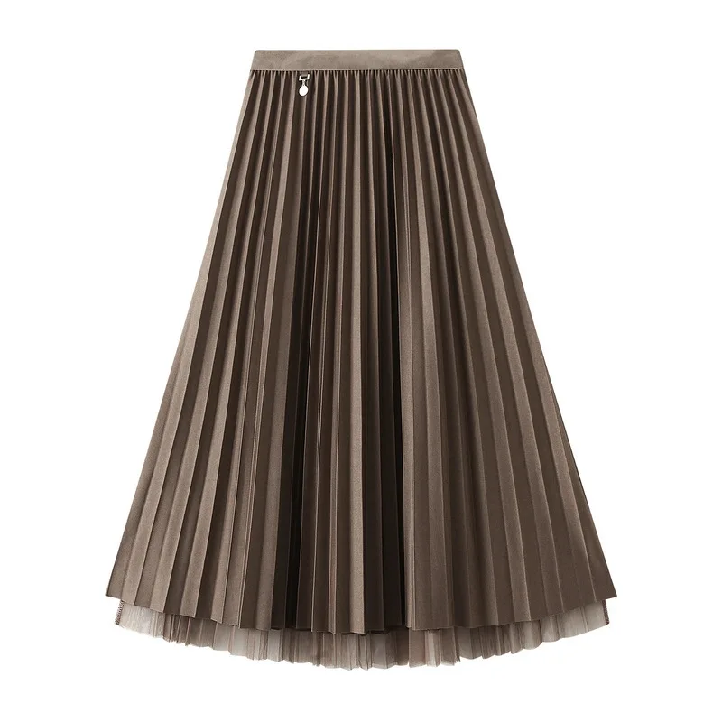 New In Women's Autumn Winter Solid Color Reversible Wear A Line Pleated High Waist Elegant Midi Long Skirt