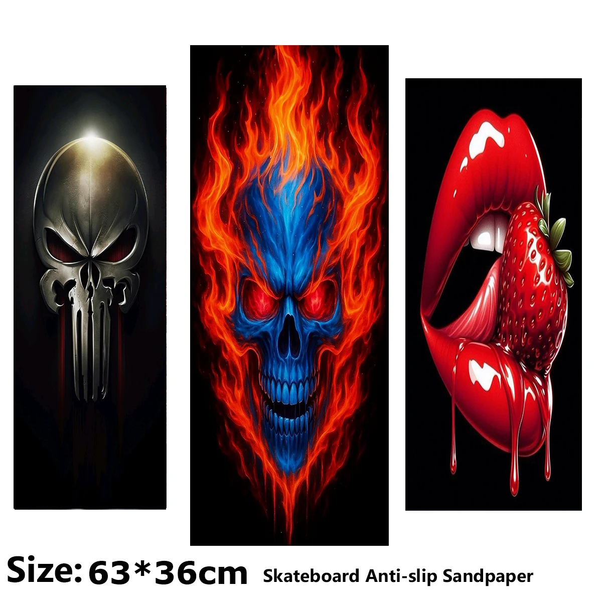 

Sexy Strawberry Red Lips Flaming Skull Pattern Electric Scooter Anti-slip Sticker Sandpaper Skateboard Grip Tape Sheet 63*36cm