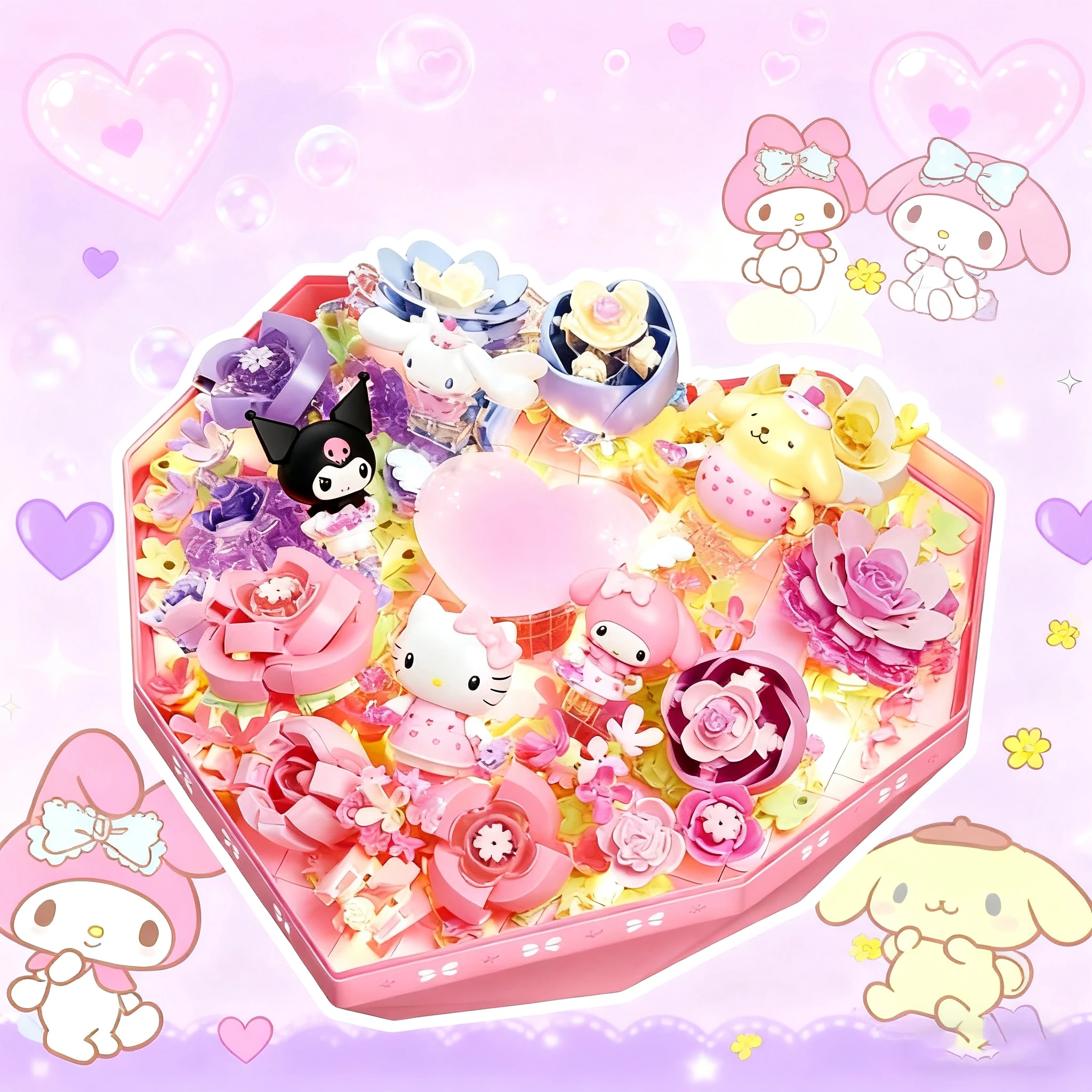 

Серия Sanrio, цветочная коробка, строительные блоки, Hello Kitty Kuromi, милая модель персонажа, кирпичи с подсветкой, романтические подарки для взрослых, детская игрушка