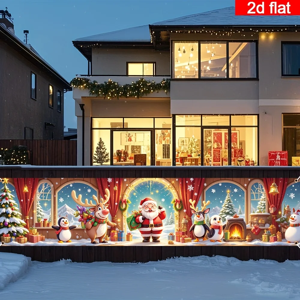 2D FLAT 1 pc Cute Large Outdoor/ Merry Christmas Banner With Santa Claus & Friends Figurine - 18x79 Inch Polyester Yard Sign