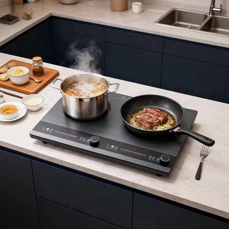 Dual-Zone 3000W Built-In Induction Cooker with Iron Housing Touch Control Knob for Restaurant & Home Use