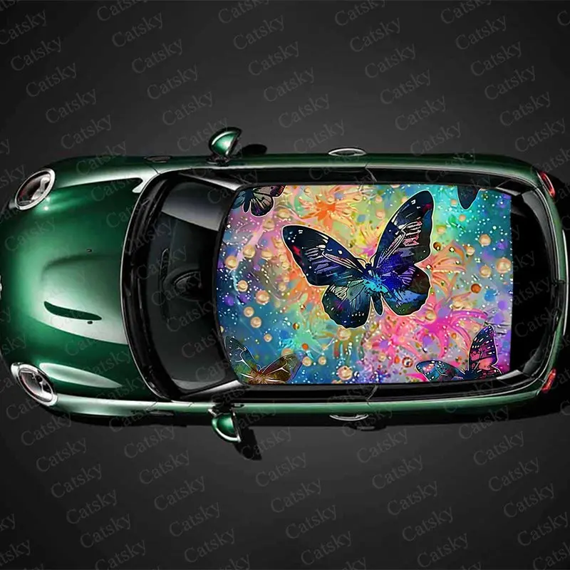 Butterfly Starry Sky Print Car Roof Sticker Wrap Racing SUV Auto Accessories Packaging PVC Car Hood Graphic Decal Decoration