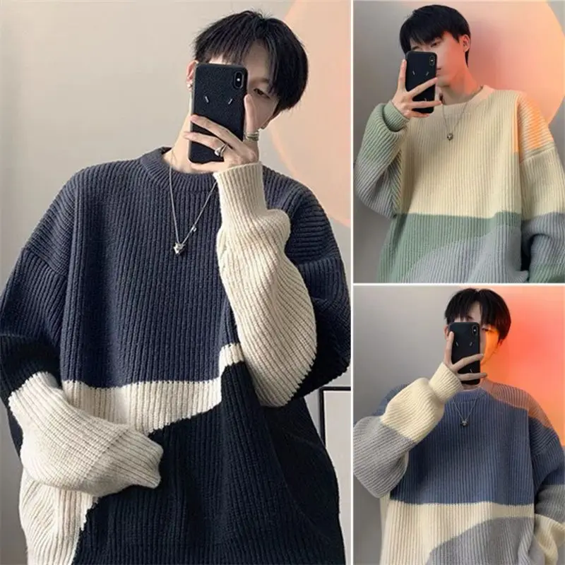 Winter Hong Kong Style Sweater for Male Students Loose and Trendy Versatile Korean Version Round Neck Thick Men's Jacket