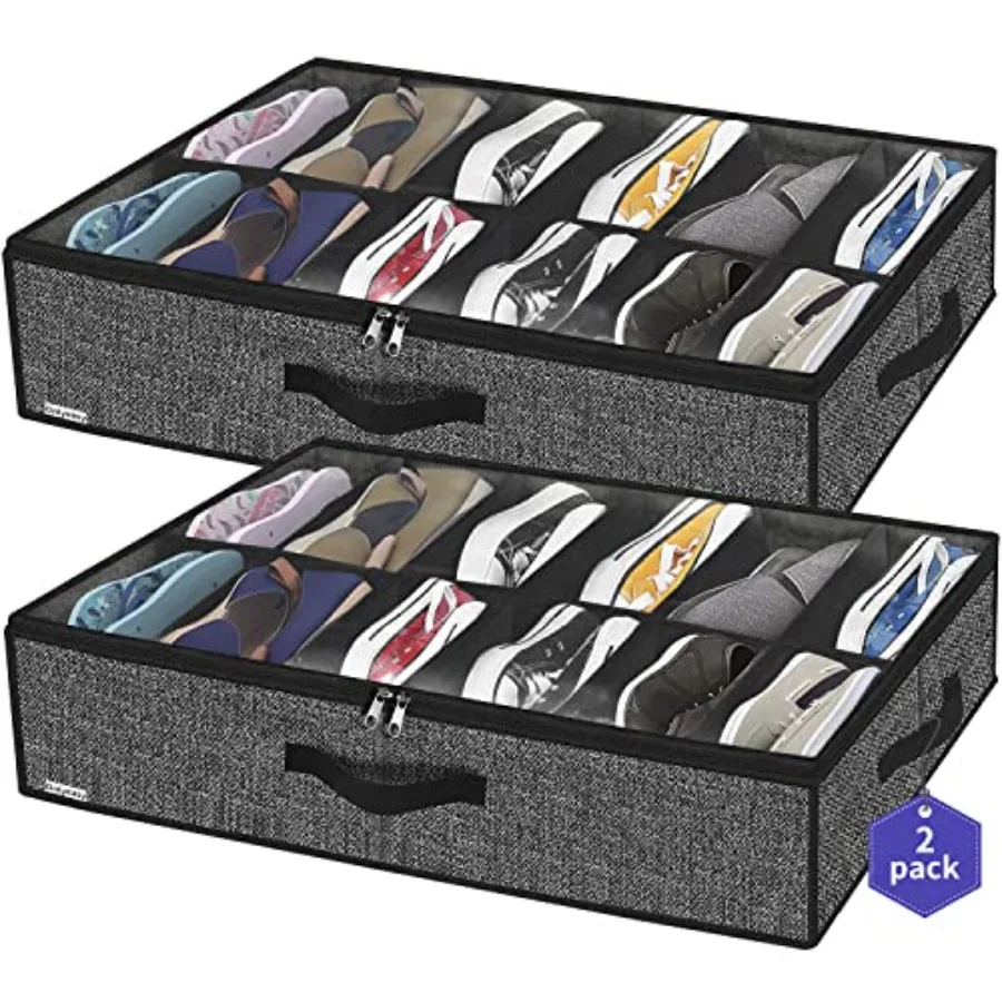 

Sturdy Under Bed Shoe Storage Organizer Set of 2 Fit 12 to 24 Pairs Underbed Shoes Closet Storage Solution with Clear Window Br