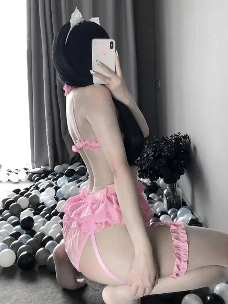 Women Sexy Erotic Lingerie Set Lolita Costumes Kawaii Ruffles Pink Lace Bra Panties with Garter Belt Neck Leg Ring Set Outfit