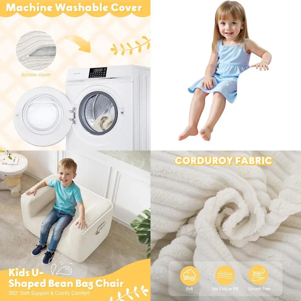 

Corduroy Bean Bag Chair for Kids, Comfy Shredded Foam Filled Couch with Pocket, Beige