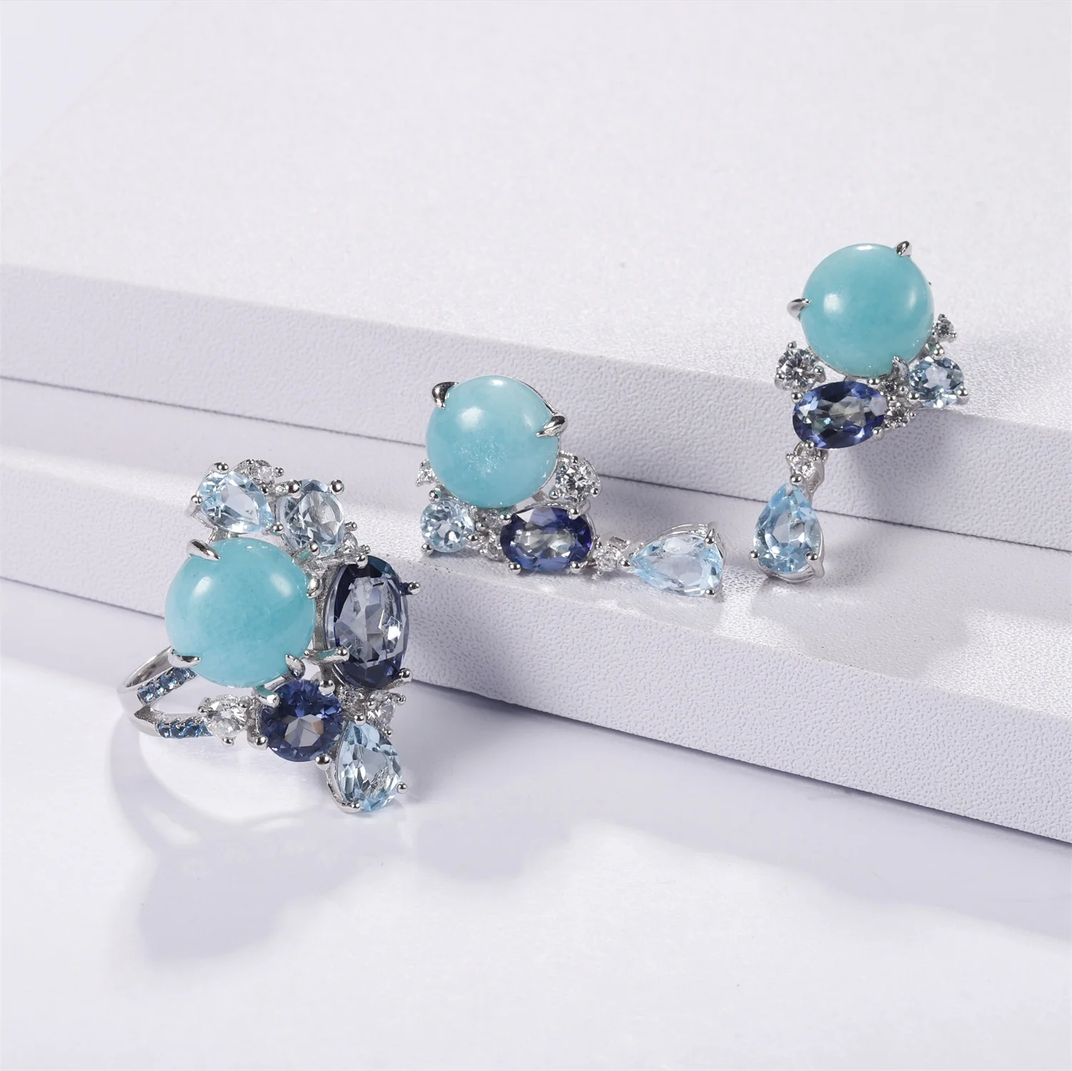 N C7646 Abiding Mix Gemstone Amazonite Blue Topaz Mystic Quartz 925 Silver Earrings Ring Jewelry Set