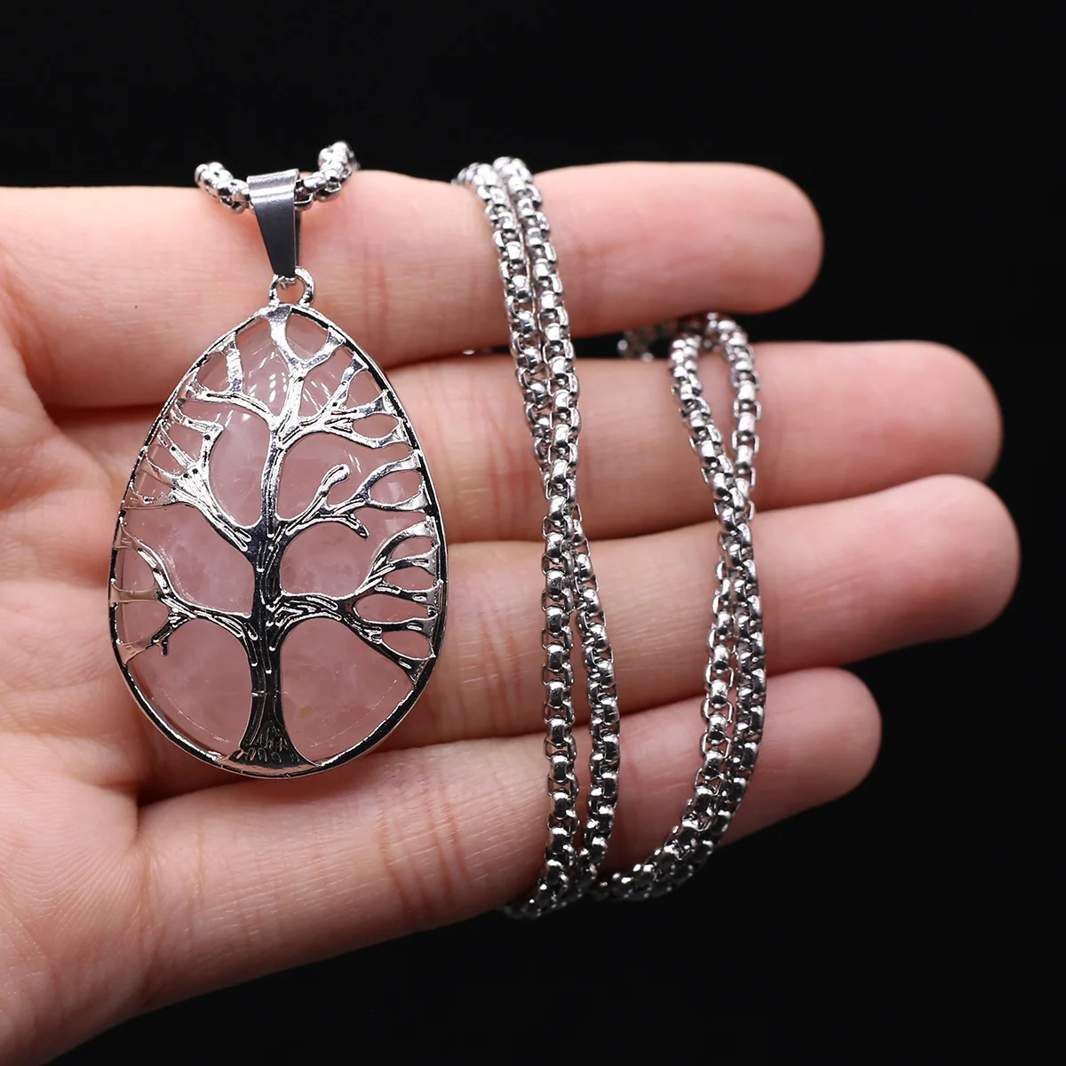 Natural Stone Crystal Tree of Life Necklace Stainless Steel Chain Clear Quartz Turquoise Pendant Necklaces for Women Men Jewelry