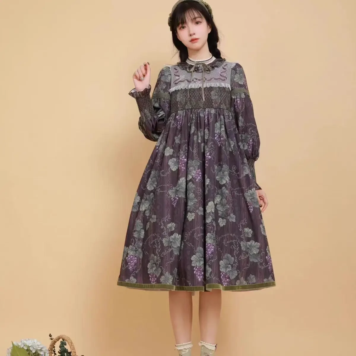 Coalfell Vineyard European Vintage Printed Standing Collar OP Long Sleeve Dress Women Lolita Original Lolita Dress