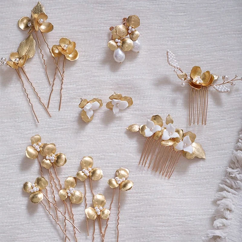 Ins Copper Floral Leaf Hair Pins  Bridal Comb Girls Hair Piece Jewelry Handmade Gold Color Wedding Women Headpiece