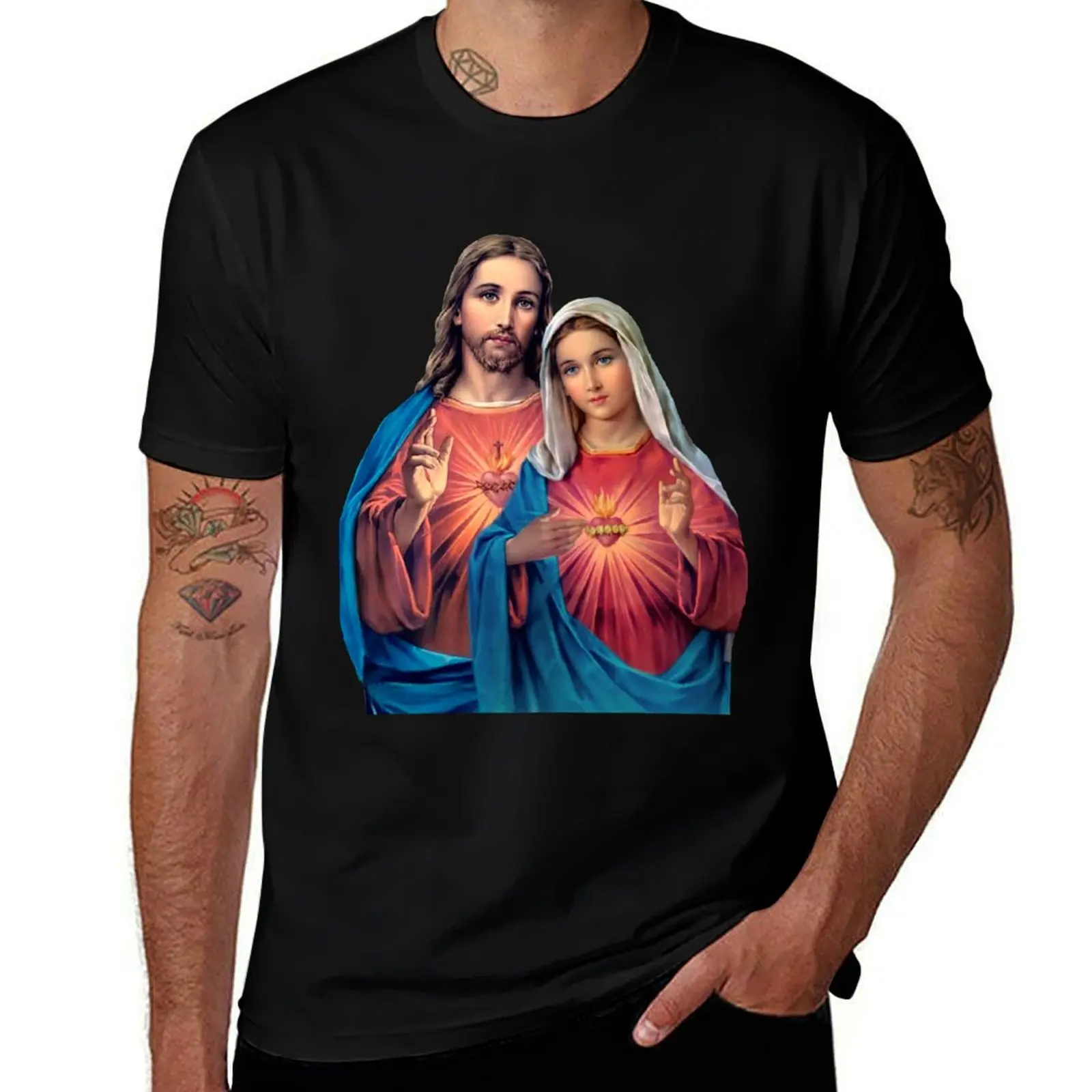 Twin Hearts very close together - I (Jesus and Mary) transparent background T-Shirt sweat summer tops shirts men