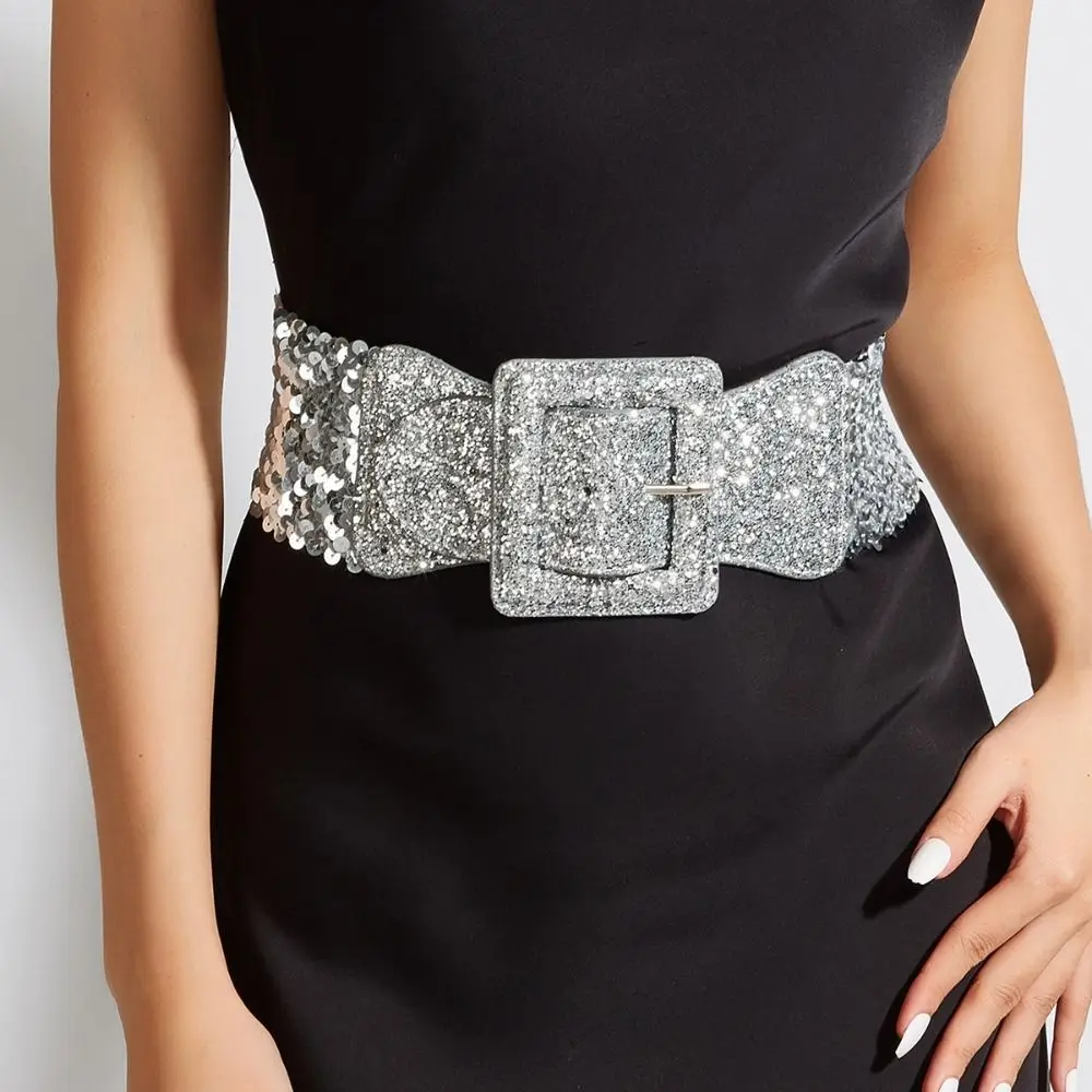 Metal Square Buckle Blingbling Sequin Cummerbunds Waist Closure Korean Style Waist Corset Belts Shiny Suit Decorative