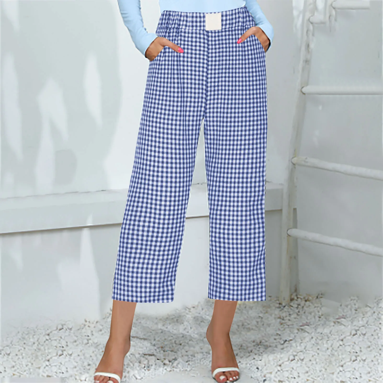 

Women Summer Casual Pants With Pocket Comfortable Home Cropped Pants Fashion Plaid Print Elastic Waist Loose Straight-leg pants