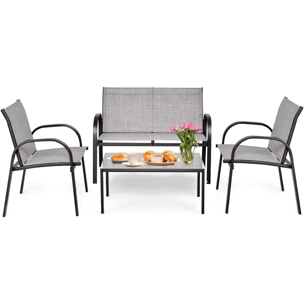 

4 Pieces Patio Furniture Set, Metal Frame Heavy Duty Outdoor Conversation Set, Includes Glass Top Coffee Table, 2 Armrest Chair