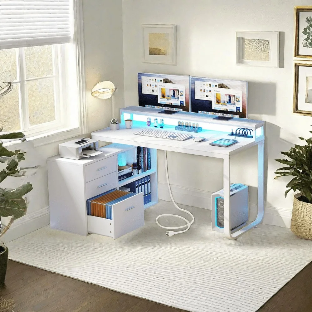 

55"L Shaped Desk, Computer Desk , Corner Desk Office Desk Executive Desk with Drawers& Open Shelf for Home Office
