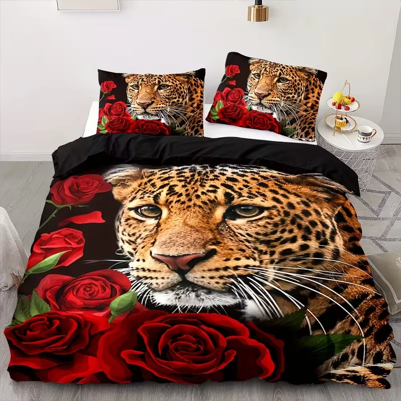 

3pcs Duvet Cover Set Rose Leopard Bedding Set Leopard Print Duvet Cover Set for Bedroom Guest Room Teens Kids Best Gifts
