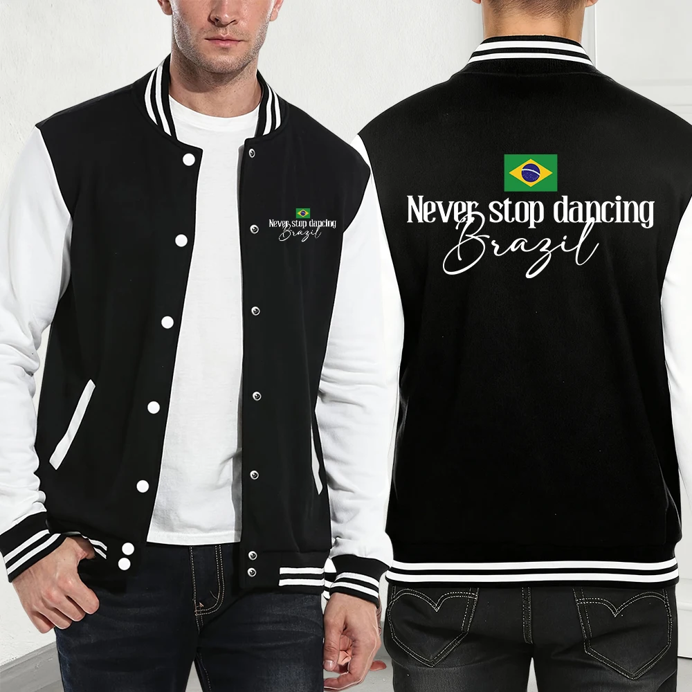 

Never Stop Danceing Brazil Printing Baseball Coat Mens Winter Fleece Warm Jackets Basics Pocket Tops Casual Loose Male Clothes
