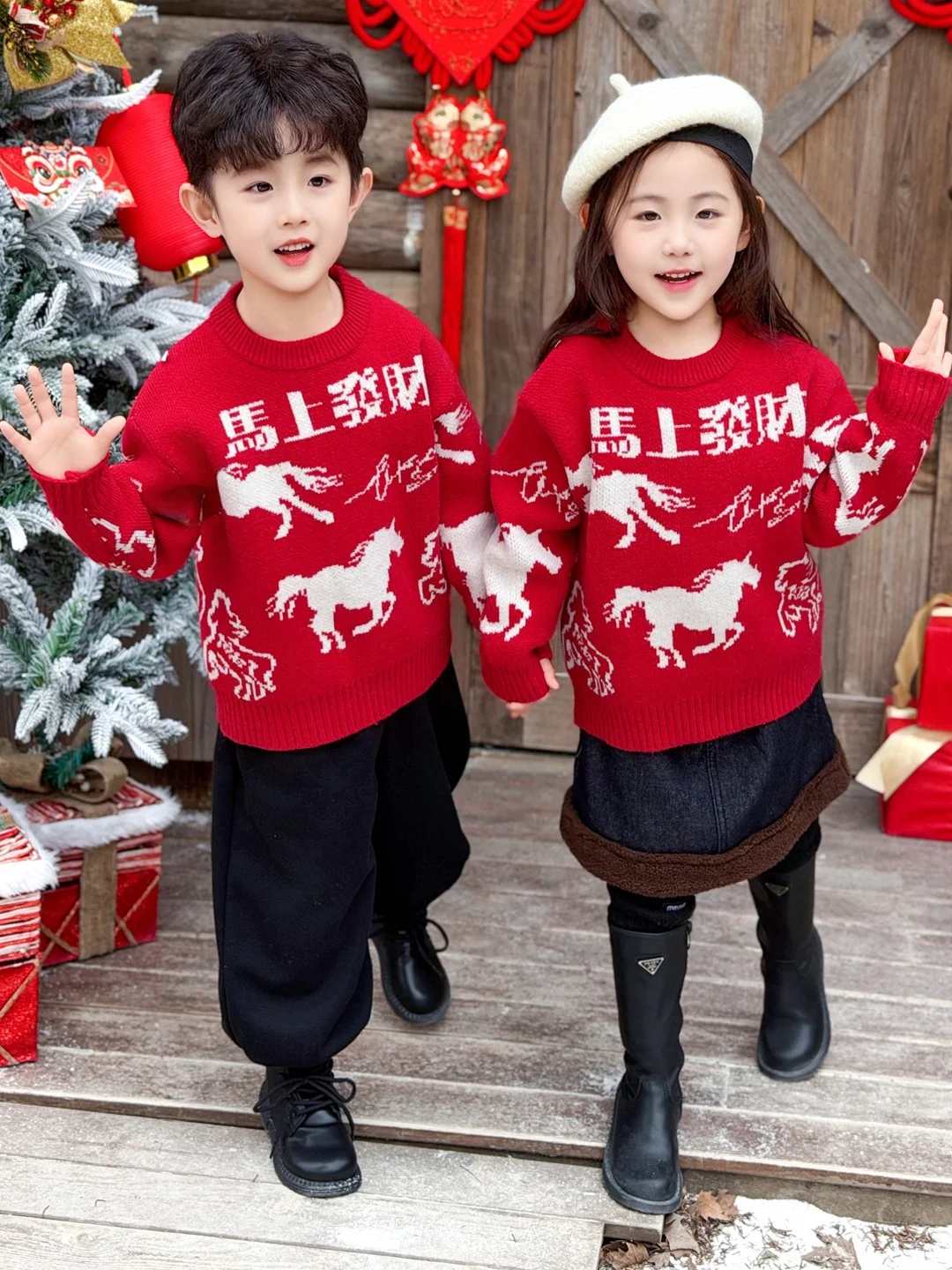 

Вязаный свитер на подкладке для мальчиков, красный, осенне-зимний, новый, круглый, теплый, повседневный, модный, подходит для братьев и S...