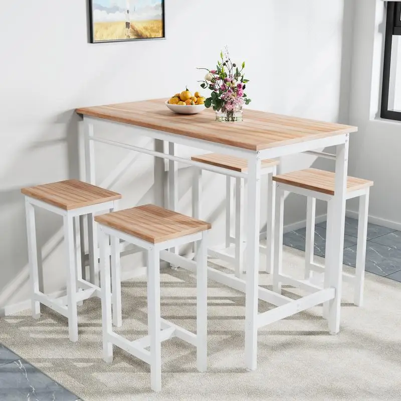 5-Piece Modern Kitchen Dining Set with 4 Bar Stools, Metal Frame & MDF, White Oak Finish, 47.5