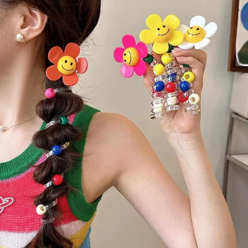 1PC New Lovely Beaded Big Flowers Elastic Spiral Hair Rope Head Rope Ponytail Hair Ring Rubber Band Headdress For Kids