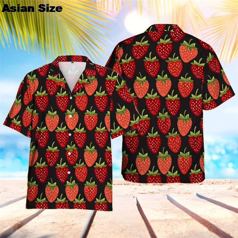 2025 Summer Beach Women Shirt Harajuku Kawaii Girl Fruit Blouse Cute Strawberry Printed Short Sleeve Blusa Female Hawaii Boy Top