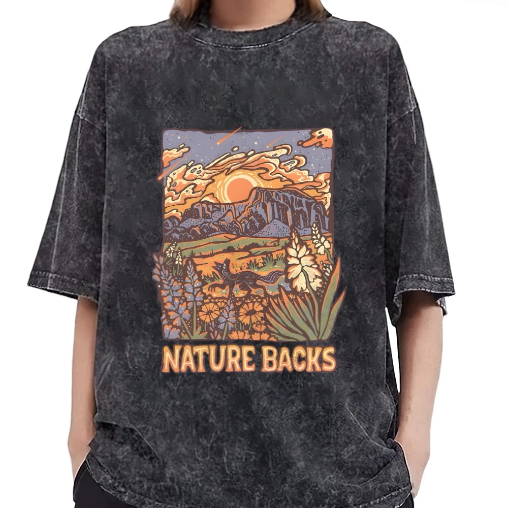 

Nature Backs Beautiful Scene Graphic Washed T-Shirt Short Sleeve Tops Unisex Tee For Wemen Men Baggy Streetwear Gift For Him Her