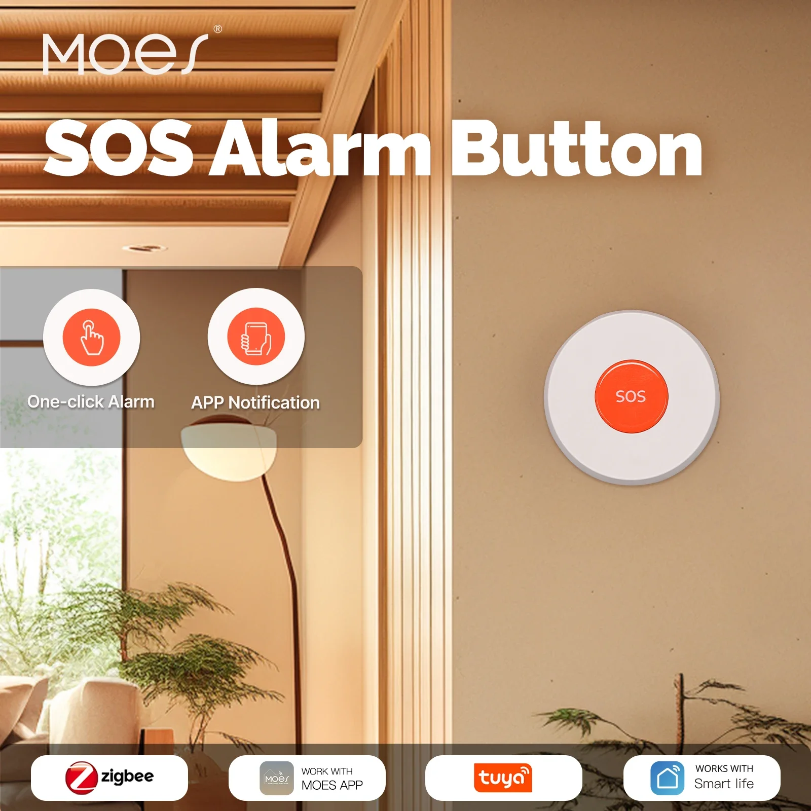 

MOES Tuya ZigBee SOS Button Alarm APP Notification One Click For Emergency Help Elderly Children Patient Hospital Home Safety