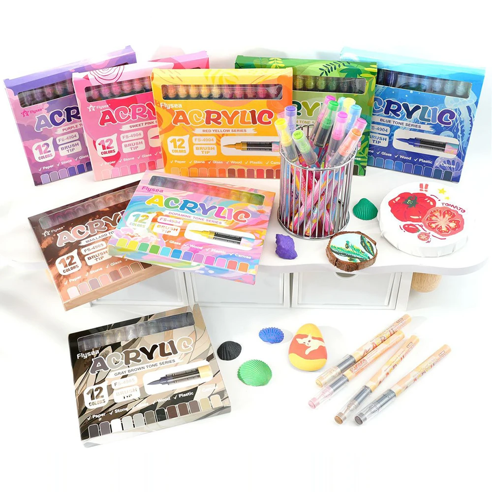 

12 цветов Маркеры акриловой краски Мягкий кончик кисти Художественные маркеры для Студент Граффити Зарисовка Дерево Стекло Ткань Живопись Скал