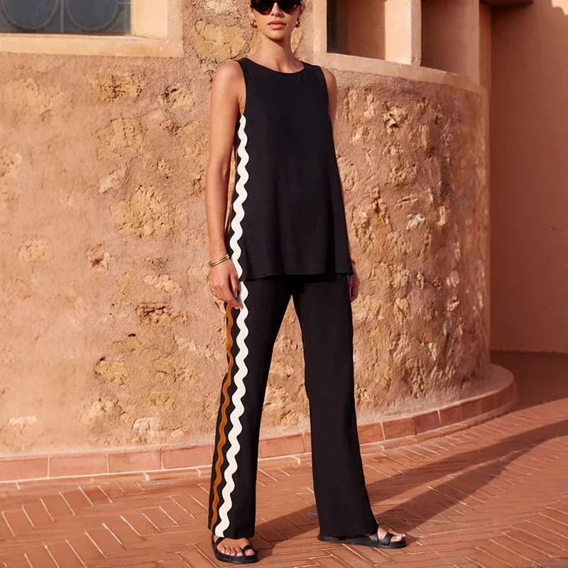 Verão feminino conjunto de duas peças o pescoço sem mangas impresso colete camisa calças soltas terno feminino conjuntos de correspondência