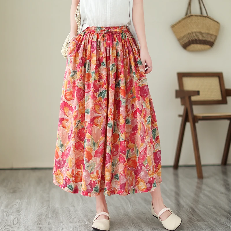 กระโปรงผ้าลินินพิมพ์ลายระบบป่าแบบเรโทรสำหรับผู้หญิง กระโปรงทรงเอเข้ารูปเอวสม็อคยืดหยุ่น ช่วยให้ดูผอมเพรียว เหมาะสำหรับฤดูร้อน ช่วยลดเลือนริ้วรอย