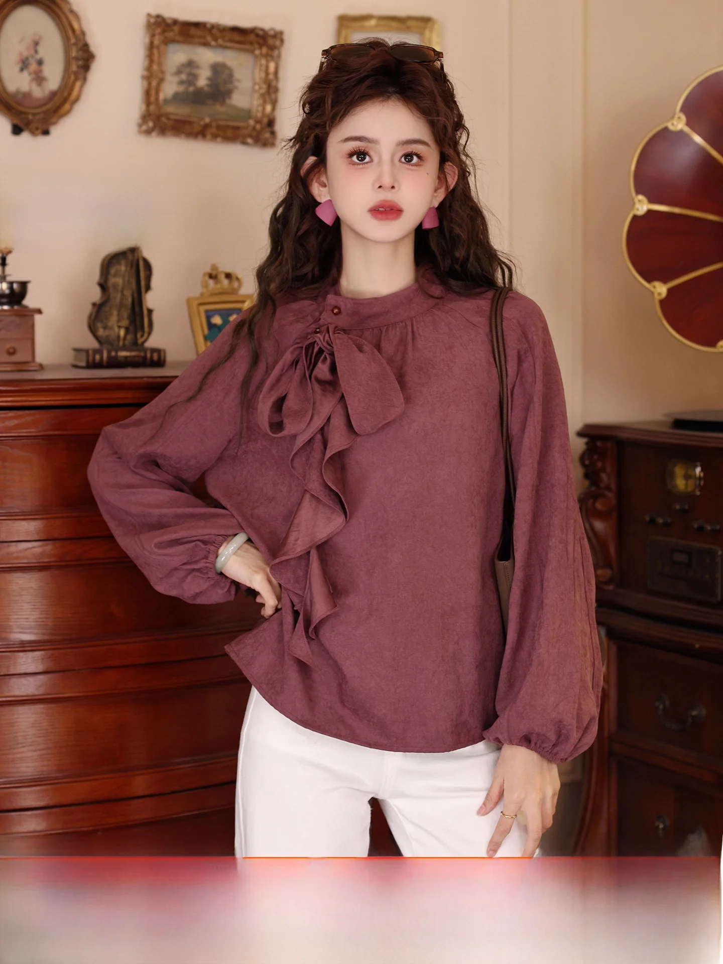 

Chen Jiajie Vintage Rose Evening Hour Loose Long Sve irt Tie Waist Commute Sle Polyester Cotton Blend Women's irt