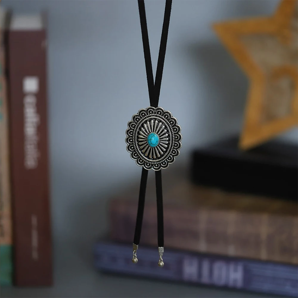 Vintage Concho Women Pendant Necklace Ethnic Sunflower Dangle Sweater Chain Necklace long Pu Leather Rope Necklace