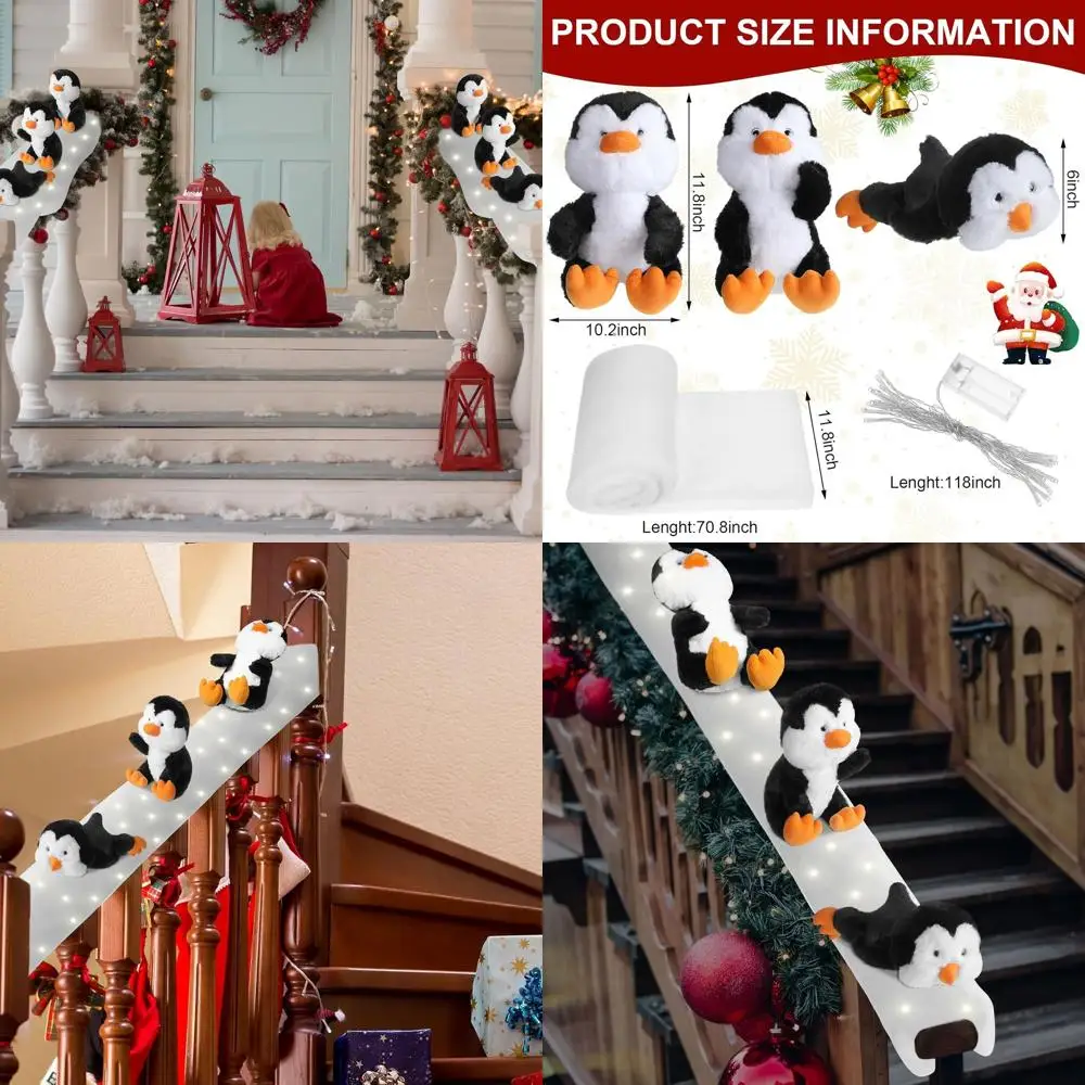 

Penguin Stairway Decor for Christmas: Snow Surfing with LED Lights & Fake Snow Carpet
