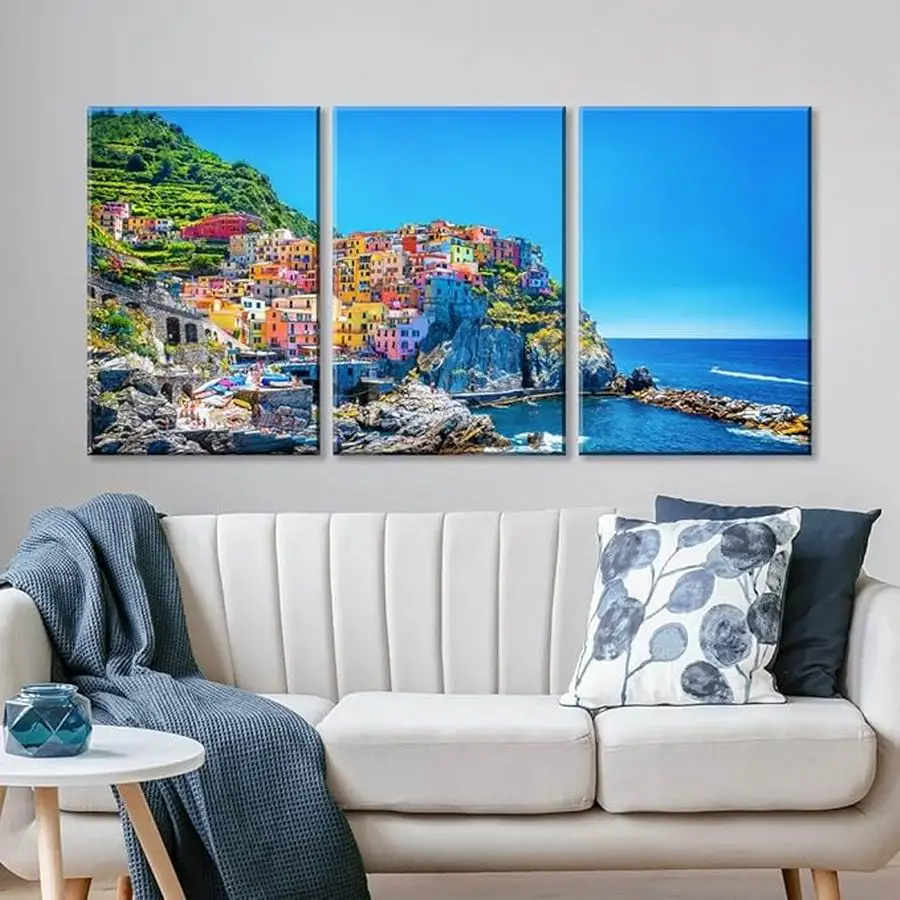 Seaside Town Scenery Picture Diy Diamond Art Painting Triptych Landscape House Full Drill Mosaic Embroidery Kits 3 Pieces/Set