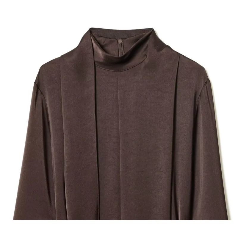 فستان ستان نسائي 2026 موضة جديدة نصف وشاح للرقبة العالية شريط فستان قصير أنيق أنثى كم طويل ربيعي مع حزام فساتين